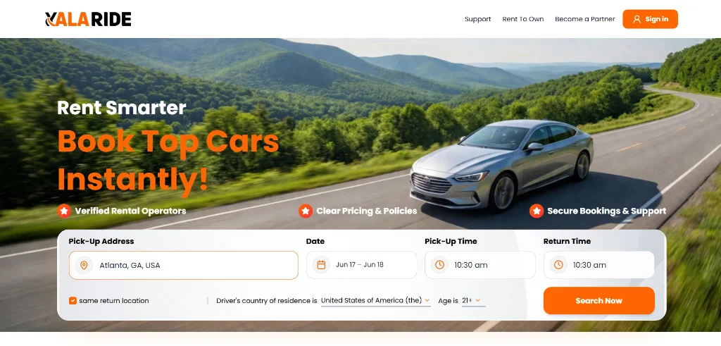 YalaRide website homepage